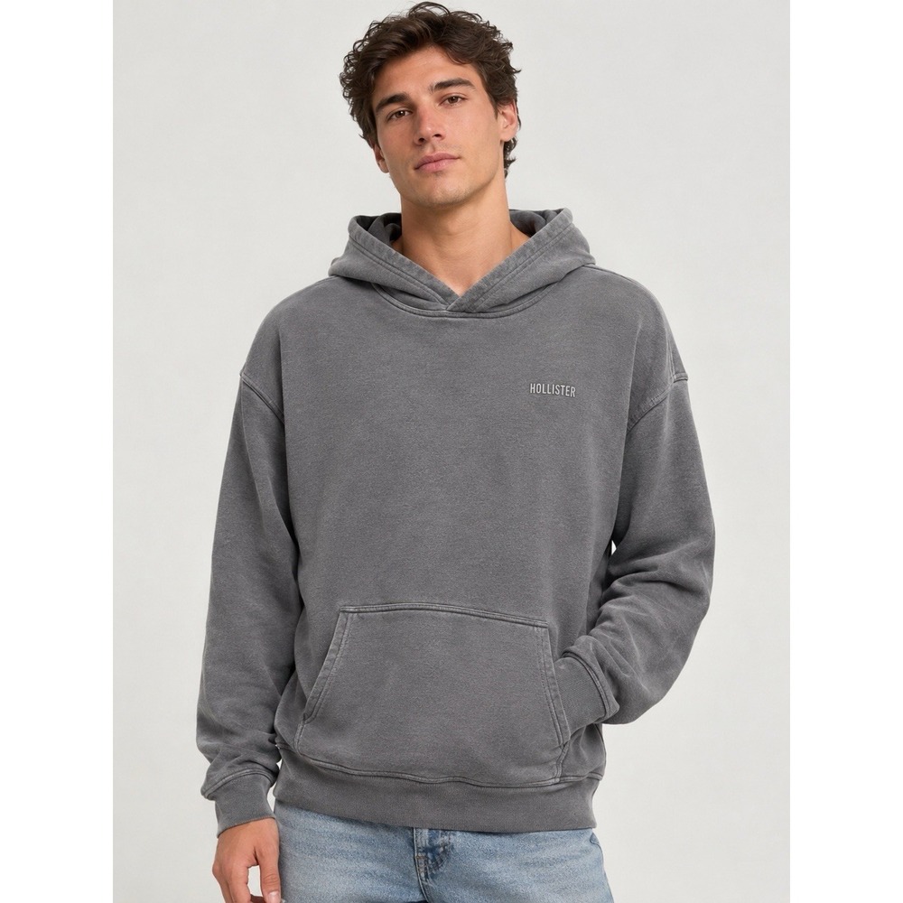 Hollister Gray Relaxed Fit Fleece Hoodie Pullover Kangaroo Pocket Men's M